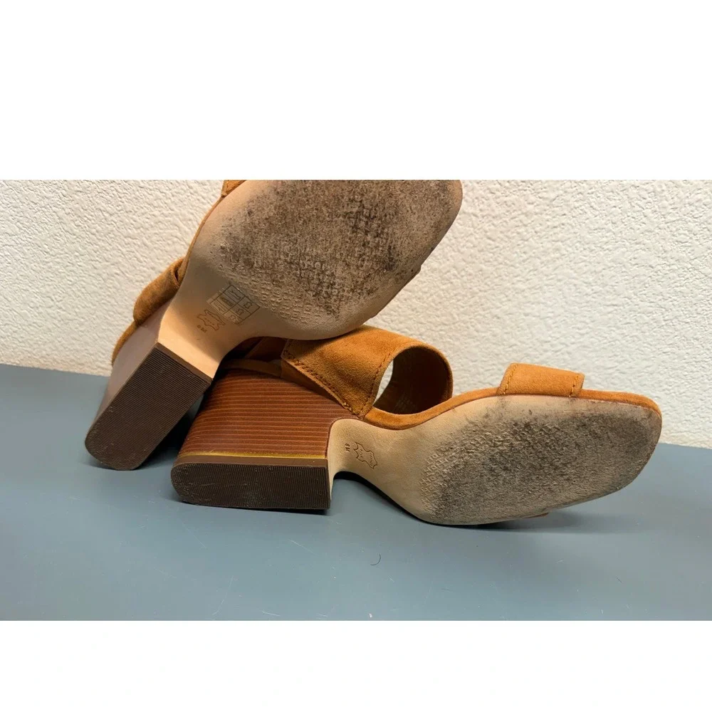 Tory Burch Tan Suede‎ Block Heel Slingback Sandals Gold Logo Buckle Womens 8M